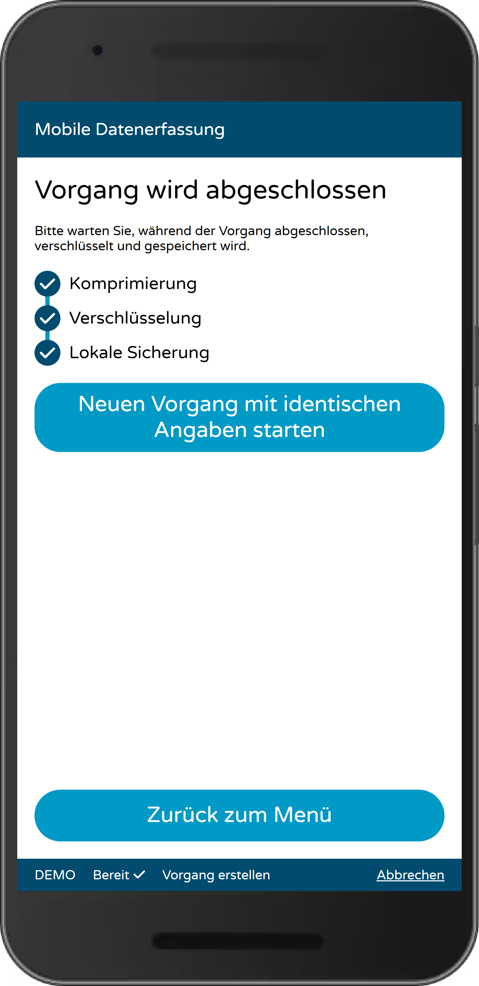 Abschluss eines Vorgangs: Verschlüsselung und lokale Sicherung für spätere Synchronisation